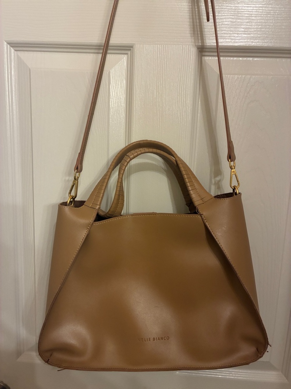 Melie Bianco Tan Structured Shoulder Bag with Top Handles